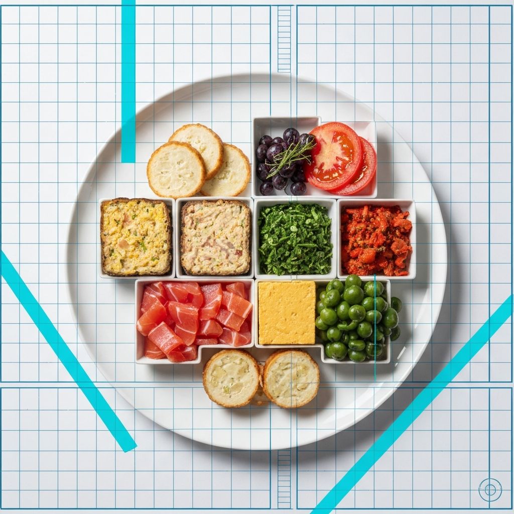 Technical plate composition with balanced food portions